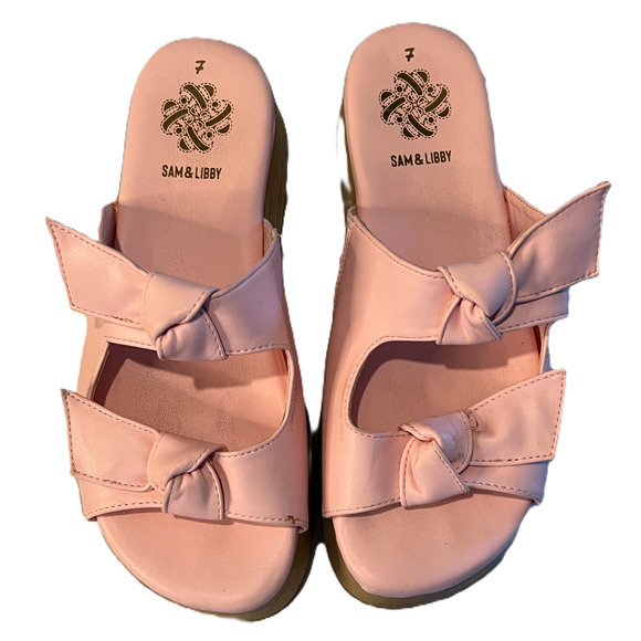 Sam Libby Sandals Womens 7 Pink Slip On Slides Double Bow Platform 2" Heel - Picture 2 of 9